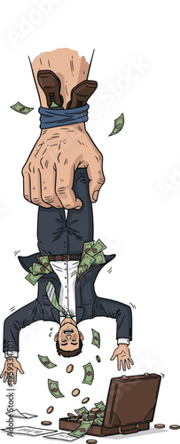 Man held upside down by giant fist, money falling