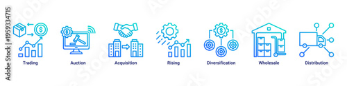 Market Growth web banner icon illustration with Trading,Auction,Acquisition,Rising,Diversification,Wholesale,and Distribution
