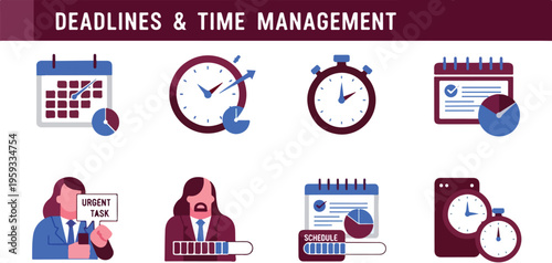Set of 8 Deadlines and Time Management Vector Icons with Calendars, Clocks, and Business People for Productivity isolated PNG with Transparent Background