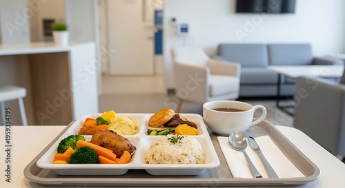 Hospital meal tray with healthy food in patient room
