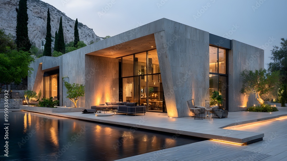 Fototapeta premium minimalist villa facade large glass wall soft lighting calm modern aesthetic