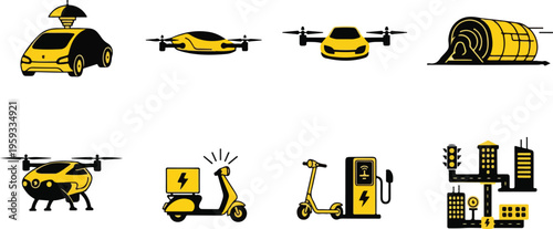 Set of 8 yellow and black futuristic urban transport and smart city technology vector icons for modern mobility solutions isolated PNG with Transparent Background