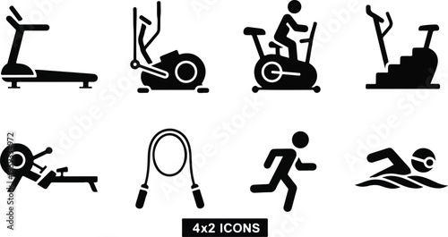 Set of 8 black silhouette fitness and gym exercise icons vector for health, workout, and sports activity designs isolated PNG with Transparent Background