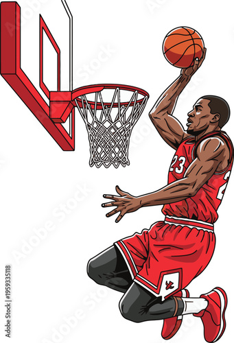 Basketball player dunking, action vector illustration