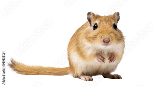 A fluffy and adorable gerbil, a common pet rodent, looking directly into the camera.