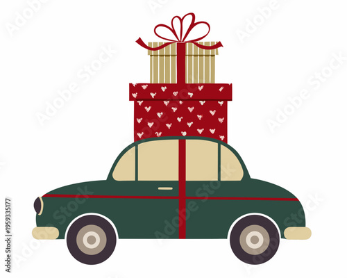 Festive car transporting stacked gifts with red ribbon and bows