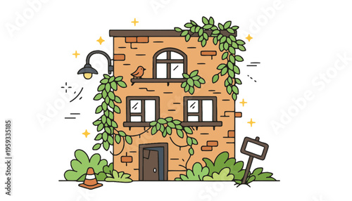 A brick building is covered in green vines and plants.