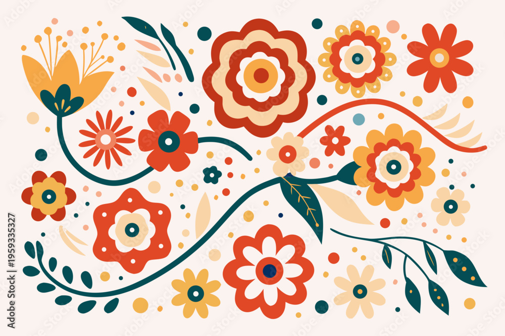 Fototapeta premium Stylized floral arrangement with colorful blossoms and curving stems