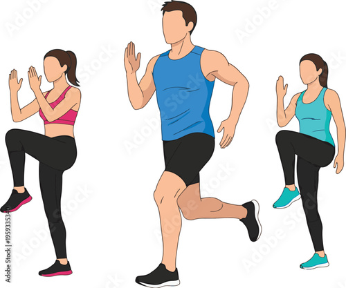 People exercising, high knees workout vector illustration
