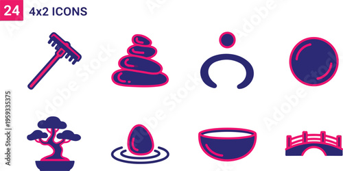 Set of 24 4x2 Zen garden and spa icons vector, featuring rake, stacked stones, bonsai, water, and bridge in purple and pink isolated PNG with Transparent Background