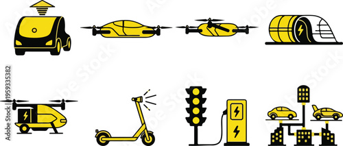 Set of 8 futuristic electric transportation and smart city icons vector in yellow and black, depicting autonomous vehicles, drones, and charging stations isolated PNG with Transparent Background