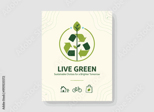 A person holds a leafy green book titled Live Green with eco-friendly icons on a light gray surface.