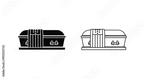 Coffin, casket, and sarcophagus vector icons, black and white illustrations, funeral symbols