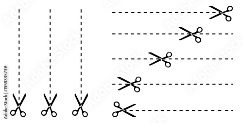 Cut Here Icons Set. Dashed Line Cut Markers with Scissors. Coupon sales signs, packaging label concept. Vector illustration.