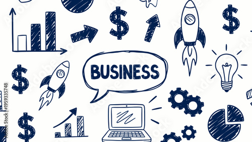 A hand-drawn business doodle sketch background with various symbols and icons