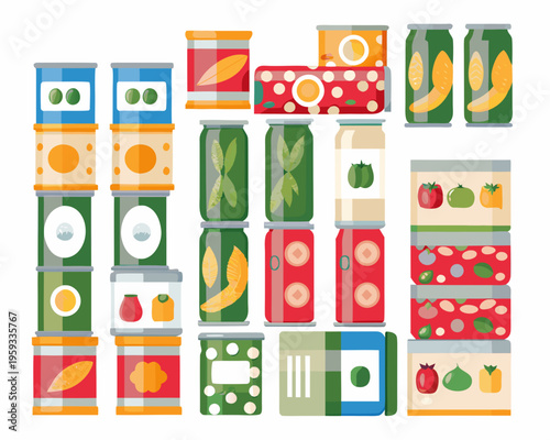 Colorful assortment of stacked canned goods and jarred preserves