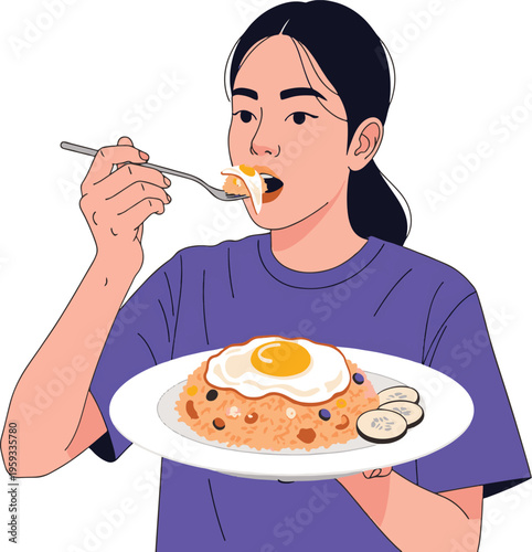 Woman eating fried rice flat design vector