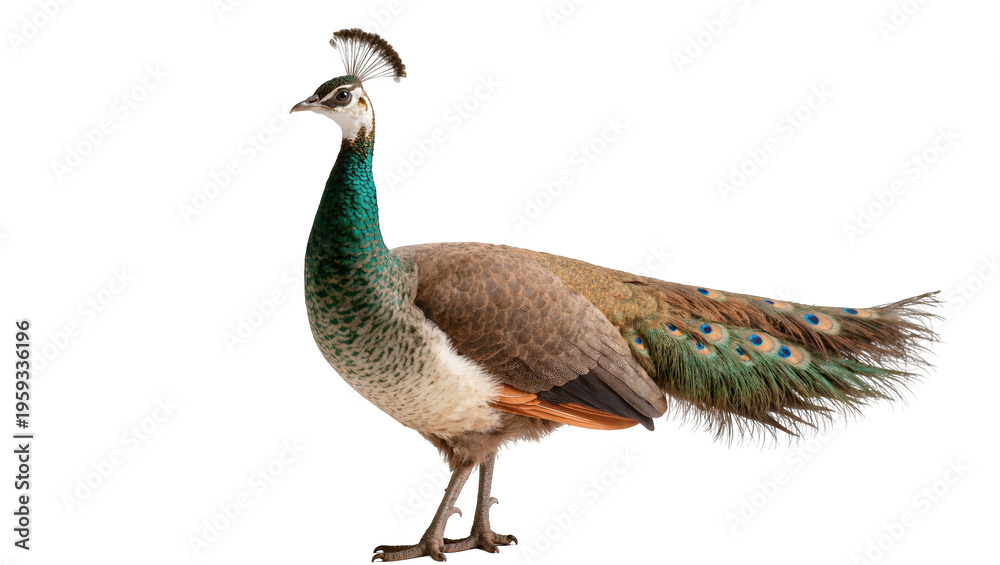 Fototapeta premium Elegant peahen, a beautiful female peafowl with distinctive crest and colorful plumage