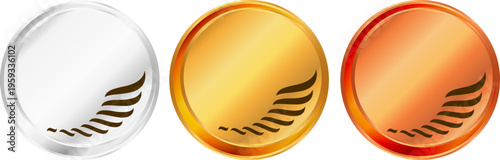光沢感のある金銀銅のメダルセット。翼のエンブレムが入った円形のランキング・表彰・アワード用ベクターアイコン素材