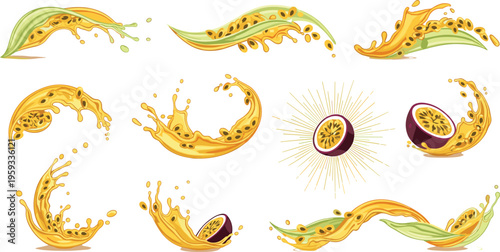 Passion fruit juice splash vector set with dynamic liquid waves seeds and tropical elements fresh beverage illustration collection in vibrant yellow tones