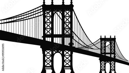 Black Silhouette of Manhattan Bridge in New York City Isolated on White Background Representing Iconic American Civil Engineering Landmark Architecture and Urban Travel Design