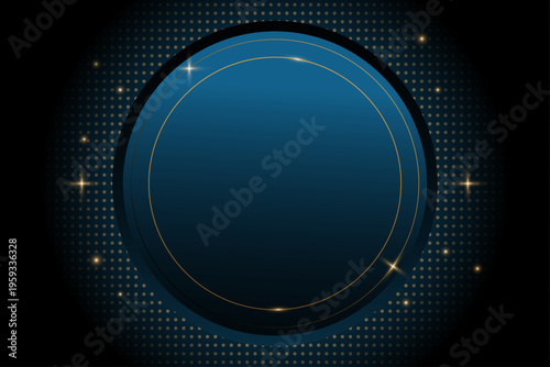 ドットパターンと輝くゴールドラインで縁取られた円形フレームが際立つ高級感あふれるダークブルー背景、広告やバナーに最適な装飾デザイン