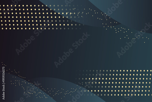 高級感のあるダークブルーグラデーション背景に流れるゴールドドットと曲線ウェーブの抽象デザイン、ラグジュアリーで近未来的なビジネスバナー素材