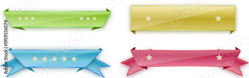 星モチーフ付きカラフルリボンバナーセット（グリーン・ブルー・レッド・ゴールド）ポップで立体感のある見出し装飾素材
