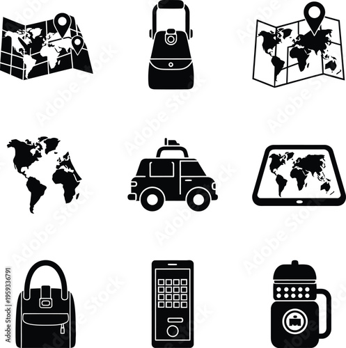 Travel and transportation icon set featuring world map, luggage bags, car, and digital navigation tools for tourism.