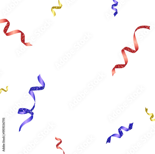 白背景にカラフルなグリッターリボンが舞う華やかな祝祭デザインの余白たっぷり背景素材（パーティー・イベント・誕生日・お祝い向け）