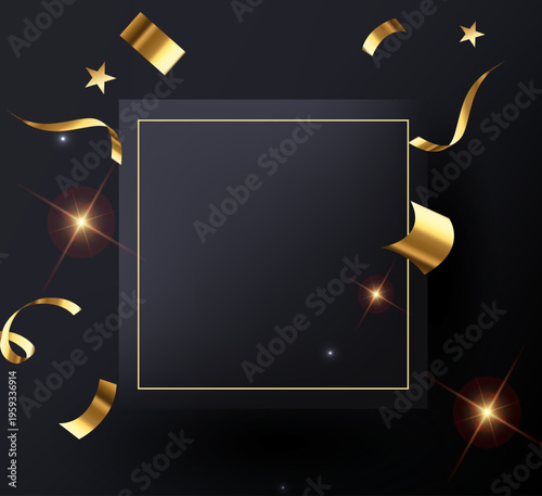 ブラック背景にゴールドフレームと星やリボンが舞う高級感あふれるパーティー向けテンプレート用エレガントデザイン素材
