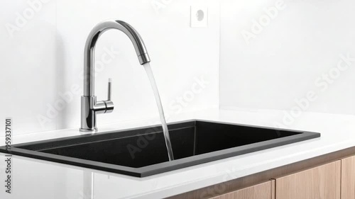 Faucet streams into black sink with bright minimalist backdrop