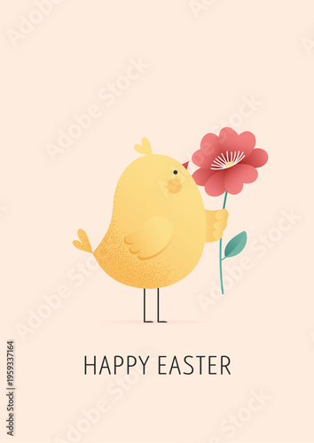 Нappy easter greeting card vector illustration with a cute yellow chick holding a red flower.