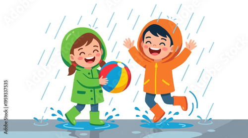 Children in raincoats playing with a ball in puddles during a rain shower, illustrating childhood joy and outdoor fun