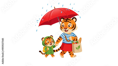 Adorable cartoon mother tiger and her cub cheerfully stroll hand-in-hand under a bright red umbrella during a gentle rain, symbolizing family warmth, protection, and joyful outdoor moments