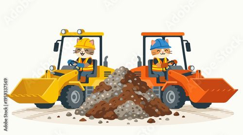 Two cartoon cats operating front-end loaders, delivering and moving piles of dirt and construction debris