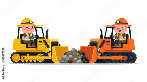 Two animated pigs in construction gear skillfully operate bulldozers, collaboratively pushing earth and rocks, a vibrant symbol of teamwork and diligent industrial work