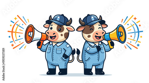 Two cartoon cows in blue overalls and caps, holding megaphones and making announcements with colorful sound waves emanating from them
