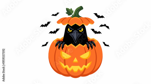 Scary Black Bird Emerging from a Jack-o'-lantern with Bats Flying Around, Perfect for Halloween Celebrations and Spooky Themes