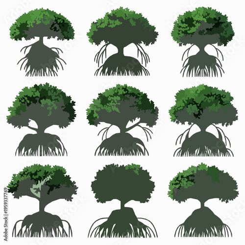 Stylized mangrove tree and roots vector illustration set EPS10 isolated on white