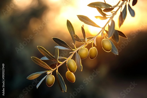 Olive Branch Beauty Fresh Green Olives Gleaming in Golden Sunlight, Nature s Healthy Diet Delight