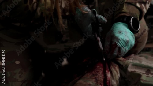 Close-up horizontal shot of a combat medic in blue gloves using trauma shears to cut through a camouflage uniform to access a bleeding wound for emergency treatment