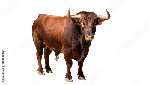 Canvas Print Majestic brown bull with powerful horns standing and looking directly at viewer