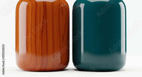 Vibrant duo of minimalist jars, showcasing a rich wooden texture and a smooth teal surface, ideal for product design concepts