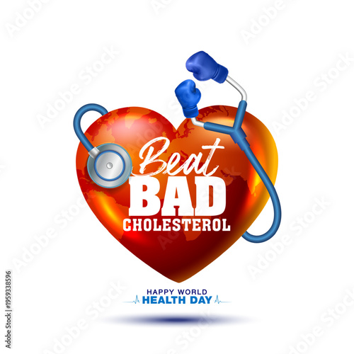 Health care hospital promotion concept: Heart with bad cholesterol and stethoscope logo design for world health day and awareness.