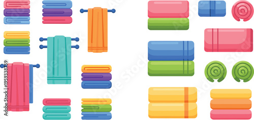 Set of colorful folded towels and rolled bath linens including stacks, bundles, and spa textiles in flat vector illustration style