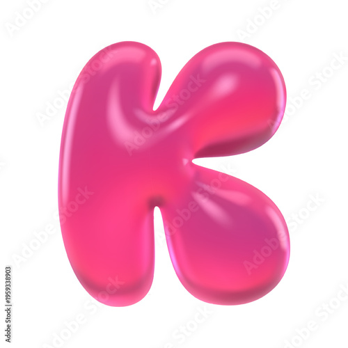 Glossy pink gummy letter K with shiny 3D bubble form