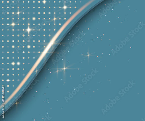 爽やかなブルー背景に輝く星とドットパターンと柔らかな曲線ラインが広がる幻想的で上品な抽象バナーデザイン素材