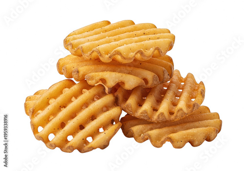 A stack of crispy golden waffle fries isolated on transparent background