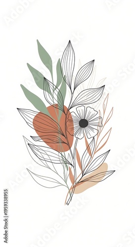 Minimalist floral illustration with leaves and flowers.